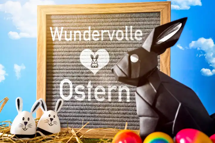 Osternest mit Osterhase und Ostereiern vor blauem Himmel und einem Schild mit Aufschrift: Wundervolle Ostern. FOTOMONTAGE