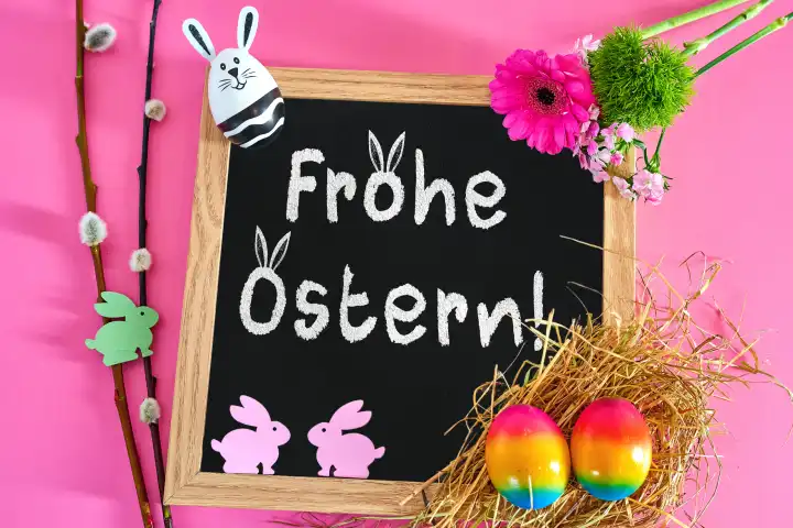 Frohe Ostern! Gruß auf einer Kreidetafel mit bunten Ostereiern und Hasenfiguren. FOTOMONTAGE