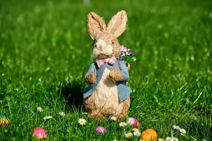 25 March 2024: Easter bunny in a green meadow with daisies and colorful eggs