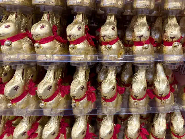 Bavaria, Germany - February 28, 2024: Gold bunnies from Lindt stacked in large quantities in a food supermarket at Easter