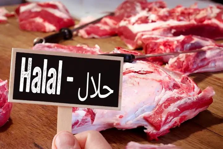 Halal (erlaubt) Fleisch - . Rohes Fleisch auf einer Arbeitsplatte mit Messer in einem Schlachthaus. Ein Schild mit der Aufschrift: Halal und in arabischer Schrift. Konzept Fleisch von religiös geschlachteten Tieren. Fotomontage