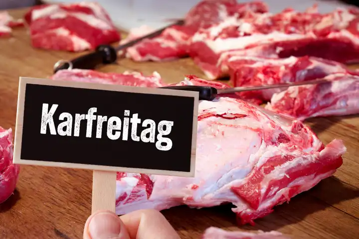 Karfreitag fleischfrei! Rohes Fleisch auf einer Arbeitsplatte mit Messer in einem Schlachthaus. Ein Schild mit der Aufschrift: Karfreitag. Themenbild zur fleischlosen Ernährung am Freitag vor Ostern. FOTOMONTAGE