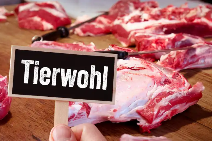 Tierwohl und Tierwohlabgabe Konzept. Rohes Fleisch auf einer Arbeitsplatte mit Messer in einem Schlachthaus. Ein Schild mit der Aufschrift: Tierwohl. Fotomontage