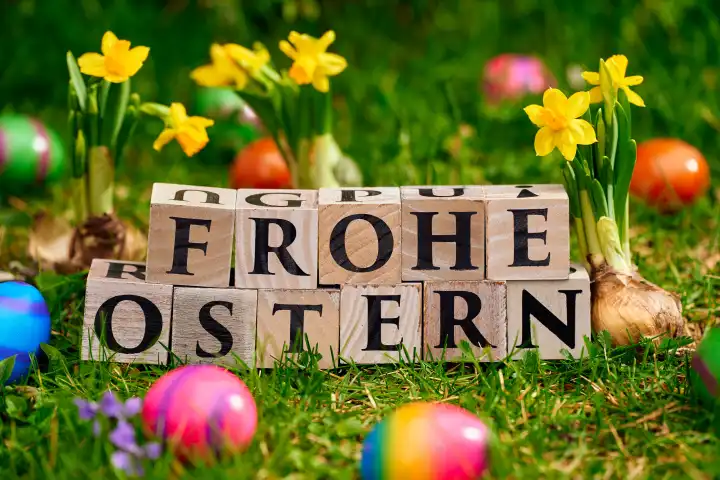 Frohe Ostern! Gruß geschrieben mit Buchstabenwürfeln aus Holz in einer grünen Wiese mit Narzissen und bunten Ostereiern. Gruß zu Ostern.