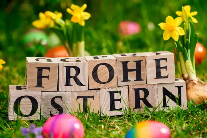 Frohe Ostern! Gruß geschrieben mit Buchstabenwürfeln aus Holz in einer grünen Wiese mit Narzissen und bunten Ostereiern. Gruß zu Ostern.