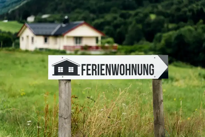 Schild in einer Wiese mit Aufschrift: Ferienwohnung. Vor einem Haus auf einer verlassenen grünen Wiese. Urlaub auf dem Land Konzept. FOTOMONTAGE