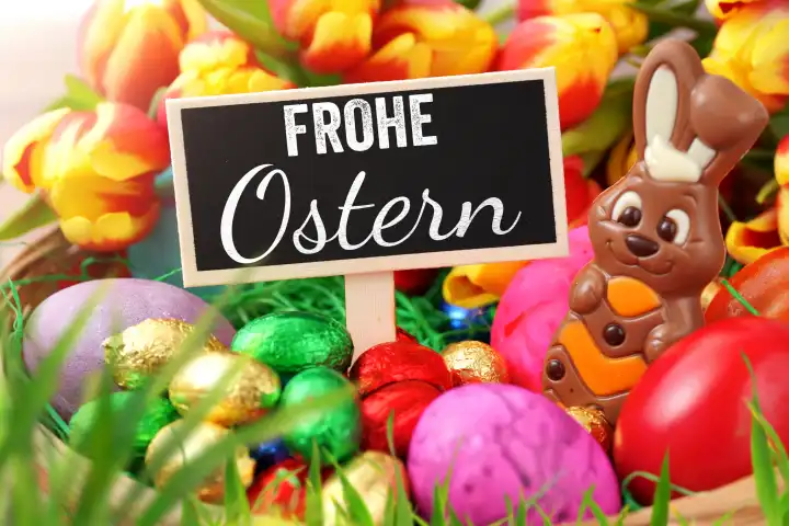 Osternest mit Osterhase aus Schokolade und einem Schild mit Aufschrift: Frohe Ostern! Ostergruß. FOTOMONTAGE