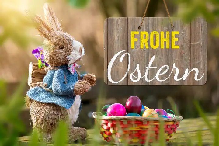 March 30, 2024: Easter bunny next to Easter nest with colorful eggs together with a wooden sign and Easter greetings: Happy Easter! PHOTOMONTAGE