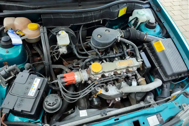 Rostiger und verschmutzter Motorraum eines fast 30 Jahre alten Opel Astra, welcher fast nie eine Motorwäsche erhalten hat