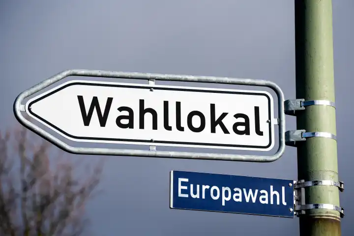 6 April 2024: Signpost to the polling station for the European elections. PHOTOMONTAGE