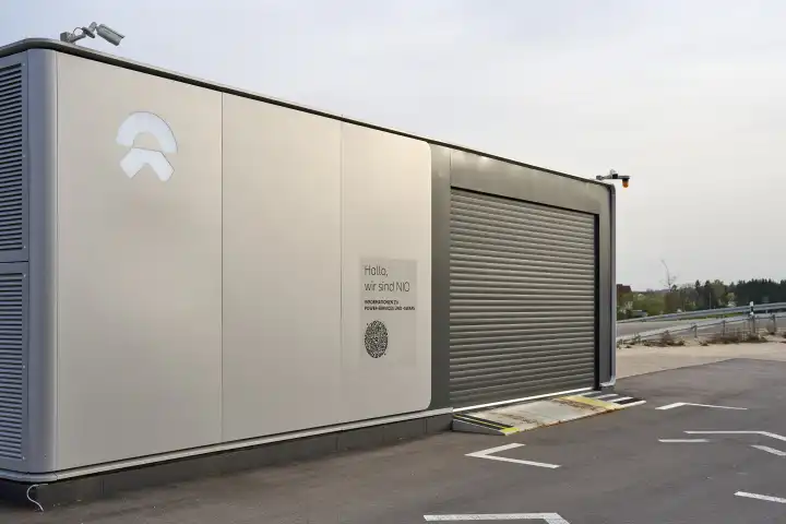 Bavaria, Germany - April 7, 2024: NIO Power Swap Station, charging station for e-cars from Nio. In the Power Swap Station, the battery for electric cars can be swapped in just a few minutes