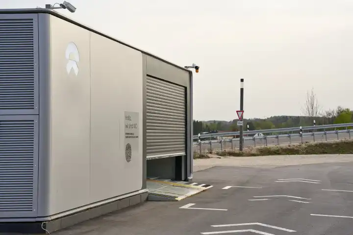 Bavaria, Germany - April 7, 2024: NIO Power Swap Station, charging station for e-cars from Nio. In the Power Swap Station, the battery for electric cars can be swapped in just a few minutes