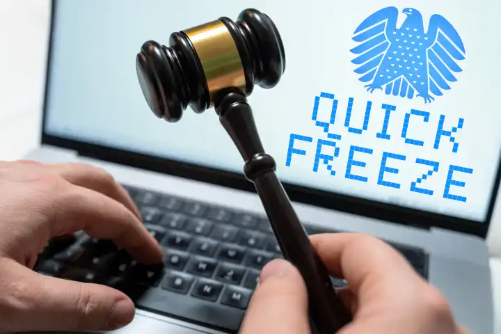 10 April 2024: Symbolic photo of the quick freeze procedure instead of data retention. Man sitting in front of laptop with judge's gavel and federal eagle on the screen with the words: Quick Freeze. PHOTOMONTAGE