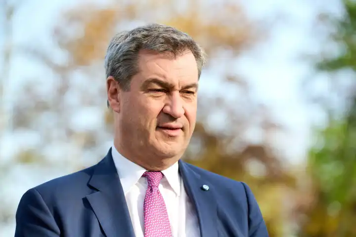 Garching, Bavaria, Germany - 11 April 2024: Minister President of the Free State of Bavaria Dr. Markus Söder visits the Max Planck Institute for Plasma Physics IPP in Garching