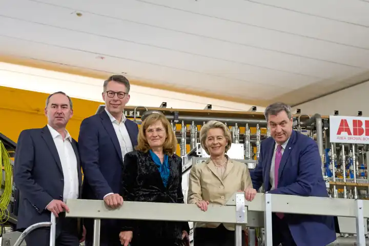 Garching, Bavaria, Germany - April 11, 2024: Scientific Director of the Max Planck Institute for Plasma Physics IPP in Garching, Prof. Dr. Sibylle Günter at a press event with Markus Söder and Ursula von der Leyen as well as Hubert Aiwanger (Free Voters)