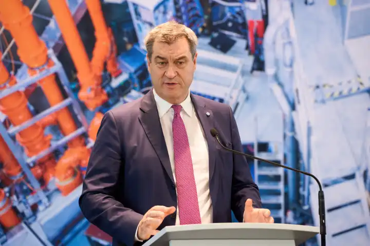 Garching, Bavaria, Germany - 11 April 2024: Prime Minister Dr. Markus Söder portrait at the press conference at the Max Planck Institute for Plasma Physics IPP in Garching