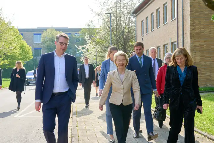 Garching, Bavaria, Germany - April 11, 2024: EU Commission President Ursula von der Leyen during her visit to the Max Planck Institute for Plasma Physics IPP in Garching