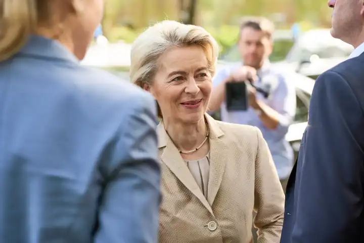 Garching, Bavaria, Germany - April 11, 2024: EU Commission President Ursula von der Leyen Portrait laughing during a visit to the Max Planck Institute for Plasma Physics IPP in Garching