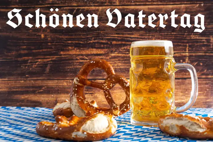 April 13, 2024: Father's Day, Happy Father's Day! Greeting with beer mug and pretzels. PHOTOMONTAGE
