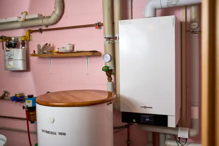 Augsburg, Bavaria, Germany - April 13, 2024: Gas heating, gas boiler model Viessmann Vitodens 300 in the basement of a residential building