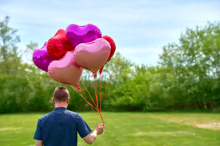 14 April 2024: Young man walks across a meadow with red helium balloons in the shape of a heart. Symbolic image of love and romance