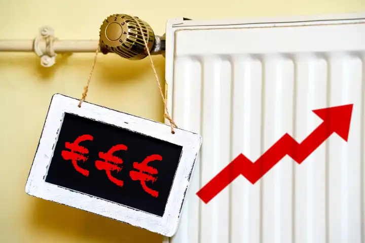 Heizkörper mit einem roten Pfeil und einem Schild mit Euro Symbolen. Symbolfoto steigende Heizkosten. FOTOMONTAGE