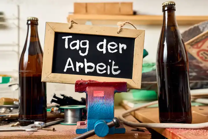 Tafel auf einer Werkbank umgeben von Werkzeug und Bier mit dem Schriftzug: Tag der Arbeit. Feiertag. FOTOMONTAGE
