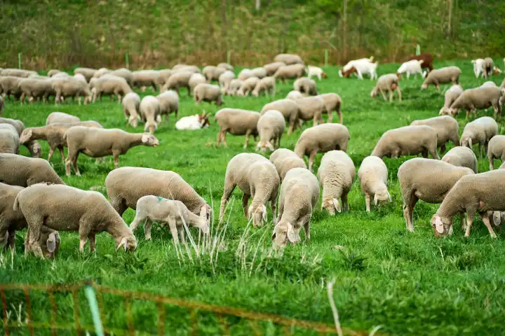 Schafherde auf der Weide. Schafe beim fressen von Gras auf einer Wiese