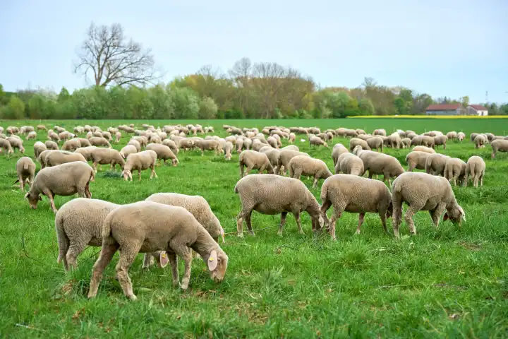Augsburg, Bavaria, Germany - April 13, 2024: Flock of sheep in the pasture. Sheep eating grass in a meadow