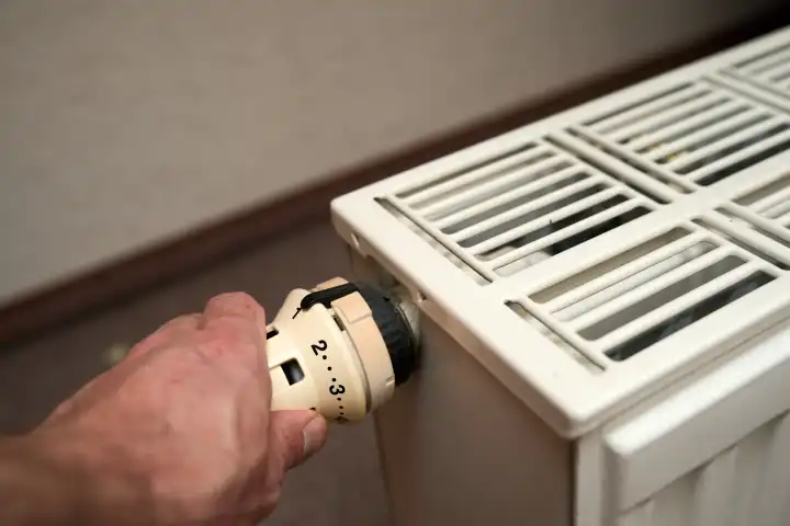 Augsburg, Bavaria, Germany - April 13, 2024: A man's hand turns the thermostat on a radiator. Heating