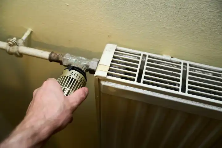 Die Hand von einem Mann dreht am Thermostat von einem Heizkörper. Heizung