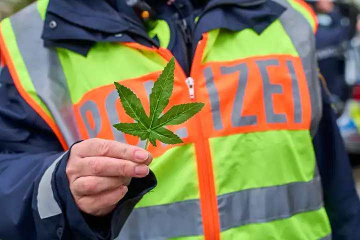 Augsburg, Bavaria, Germany - April 17, 2024: Policewoman holding a cannabis leaf. Symbolic image cannabis legalization and laws