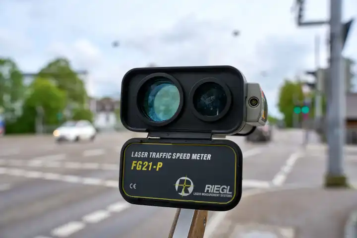 Augsburg, Bavaria, Germany - April 17, 2024: Riegl FG21-P laser speed measuring device on a road