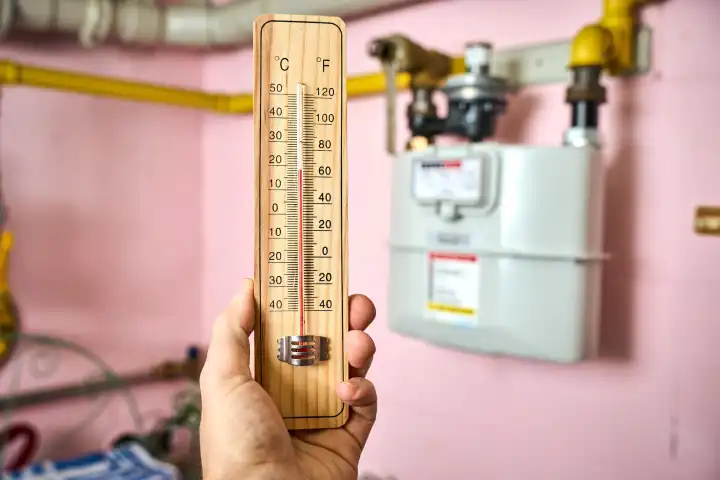 Ein Mann hält ein Thermometer in einem Keller vor einem Gaszähler. Symbolbild Heizen mit Gas