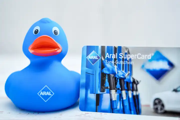 Augsburg, Bavaria, Germany - April 17, 2024: A blue rubber duck with Aral logo, giveaway with an Aral SuperCard voucher card