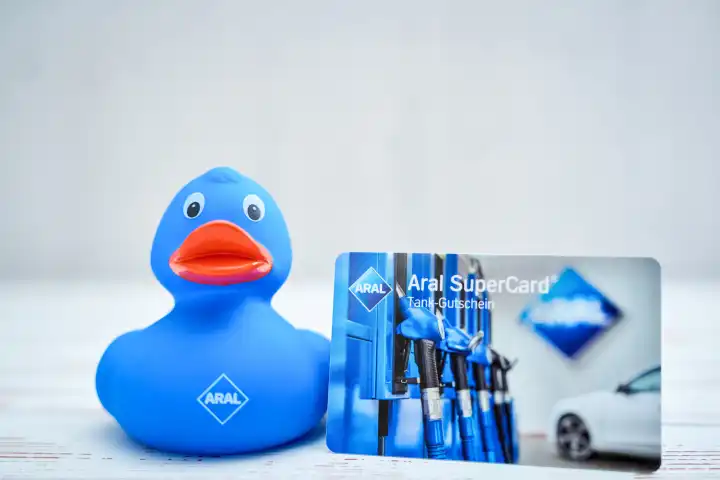 Augsburg, Bavaria, Germany - April 17, 2024: A blue rubber duck with Aral logo, giveaway with an Aral SuperCard voucher card