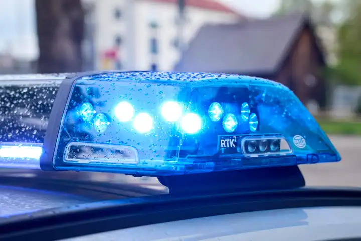 Blaulicht der Polizei auf einem Polizeiauto. Symbolbild Polizeieinsatz