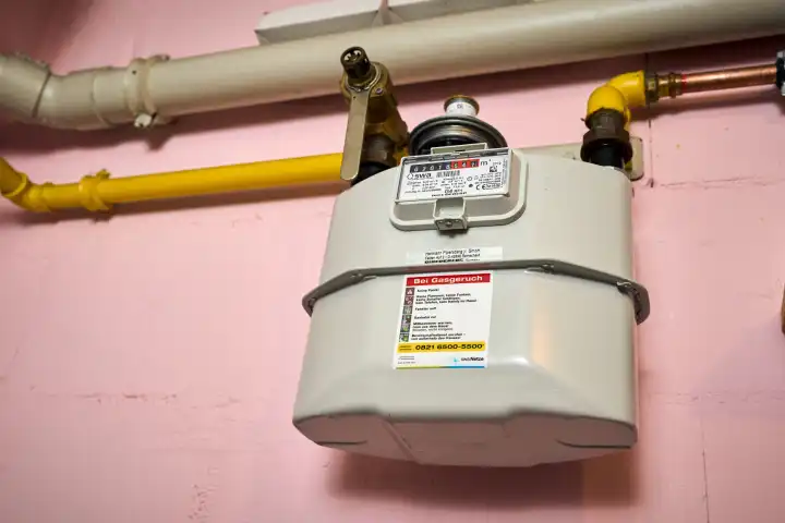 Augsburg, Bavaria, Germany - April 13, 2024: Gas meter on a gas pipe in the basement of a residential building