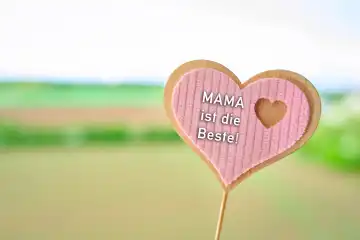 Augsburg, Bavaria, Germany - April 17, 2024: Mom is the best! Saying for Mother's Day, on a wooden heart. PHOTOMONTAGE