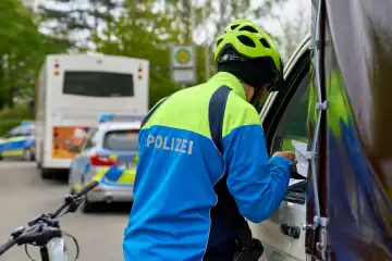 Augsburg, Bavaria, Germany - April 19, 2024: Speed camera marathon in Bavaria. Traffic control and speed enforcement by the police in Augsburg
