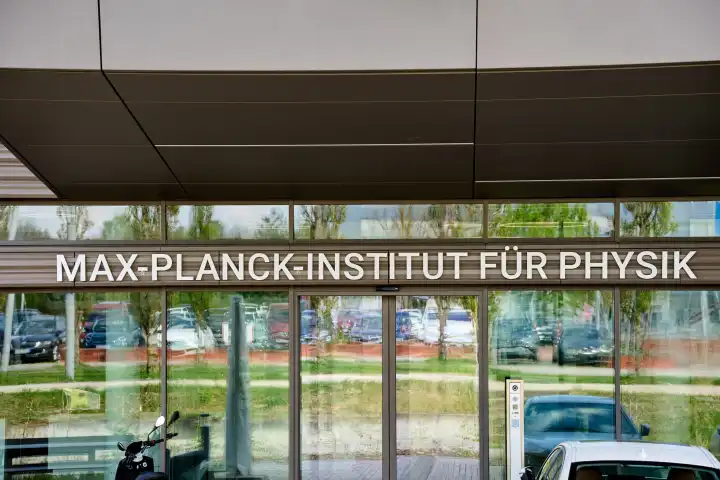 Garching, Bavaria, Germany - April 11, 2024: Max Planck Institute for Physics building with logo in Garching
