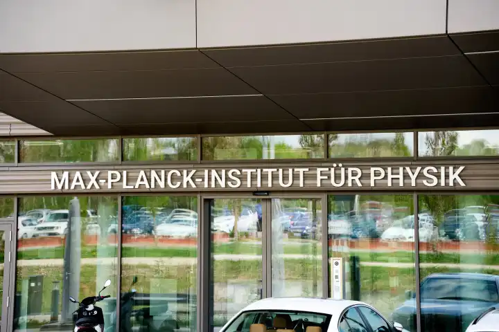 Garching, Bavaria, Germany - April 11, 2024: Max Planck Institute for Physics building with logo in Garching