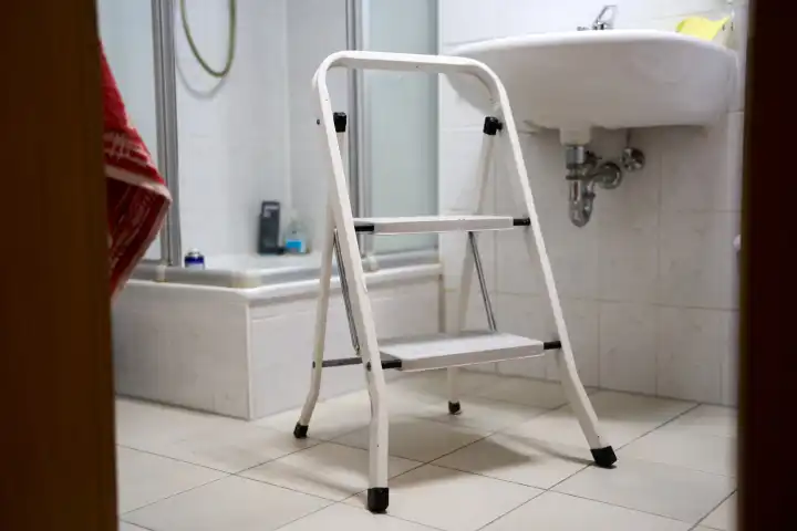 Augsburg, Bavaria, Germany - April 13, 2024: Stepladder in a bathroom. Renovation concept