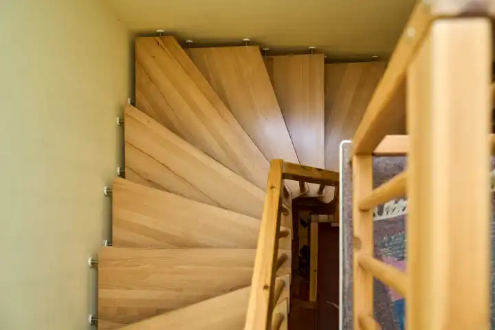 Treppe aus Holz in einem Wohnaus. Treppenhaus