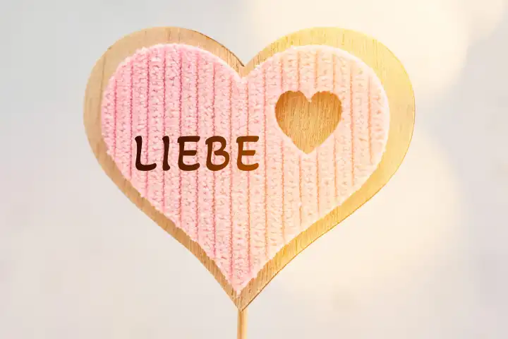 Herz Dekoration aus Holz mit der Aufschrift: Liebe. FOTOMONTAGE