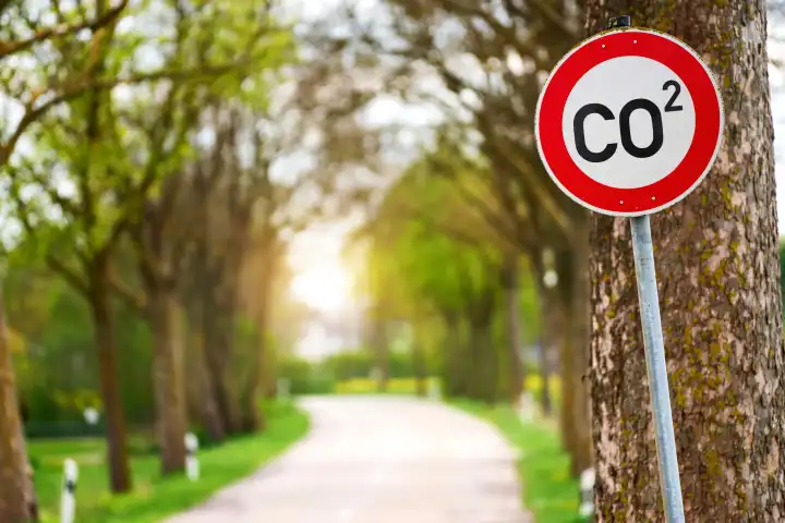 Verkehrsschild mit Aufschrift: CO2, vor einem Baum auf einer Landstraße. Umweltkonzept. FOTOMONTAGE