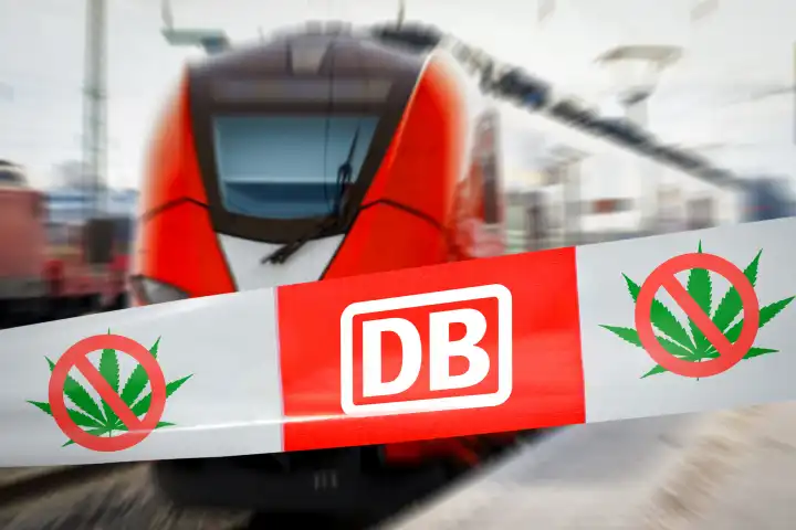 Cannabis Verbotszone - Zug der Deutschen Bahn am Bahnhof vor einem Absperrband mit Verbotsschild zum Kiffen einer Hanfblüte und dem DB-Logo. FOTOMONTAGE