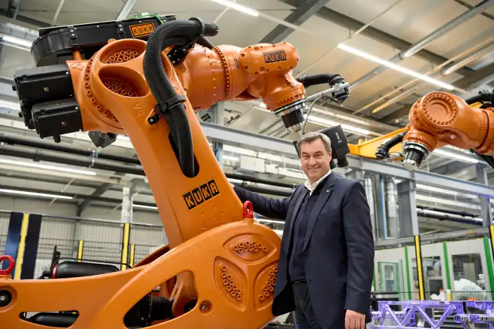Augsburg, Bavaria, Germany - 24 April 2024: Minister President of Bavaria Dr. Markus Söder visits the presentation of the AI Network Augsburg. AI research hall ("Hall 43") of the University of Augsburg