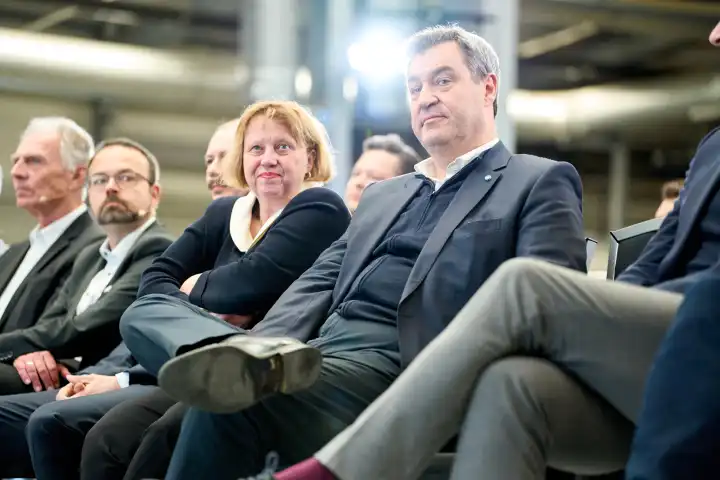 Augsburg, Bavaria, Germany - 24 April 2024: Minister President of Bavaria Dr. Markus Söder visits the presentation of the AI Network Augsburg. AI research hall ("Hall 43") of the University of Augsburg