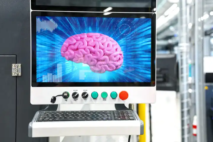 Symbolfoto Künstliche Intelligenz in der Industrie. Auf dem Bildschirm einer Maschine ist ein Gehirn mit Technik Symbolen. FOTOMONTAGE